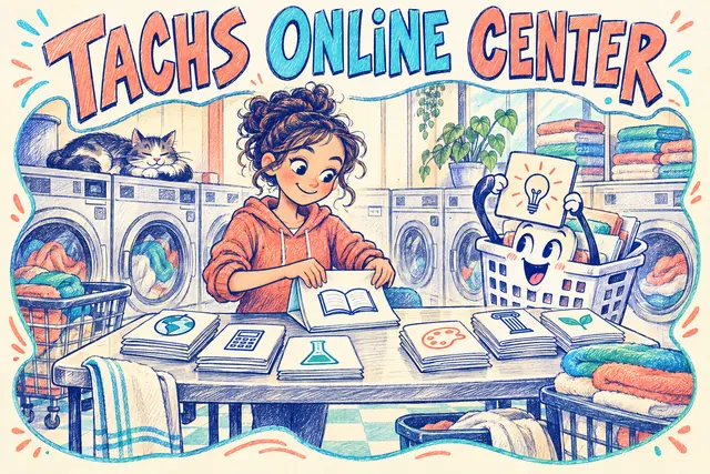 TACHS ONLINE CENTER — original handwritten comic illustration.