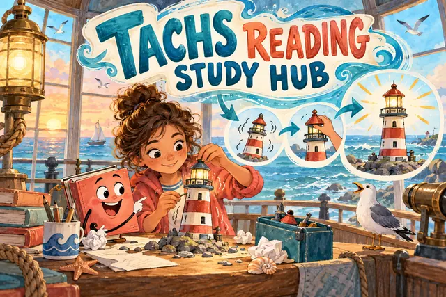 TACHS READING STUDY HUB — original handwritten comic illustration.
