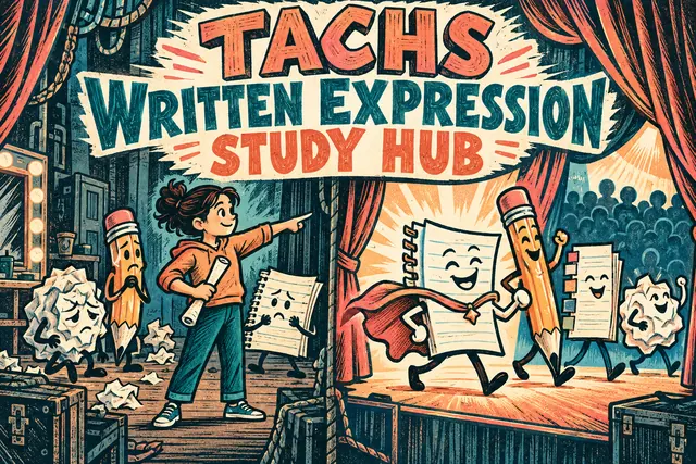 TACHS WRITTEN EXPRESSION STUDY HUB — original handwritten comic illustration.