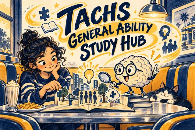 TACHS GENERAL ABILITY STUDY HUB — original handwritten comic illustration.