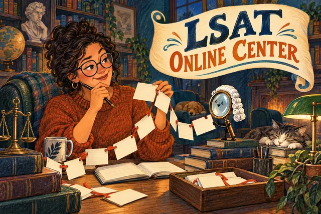 LSAT ONLINE CENTER — original handwritten comic illustration.