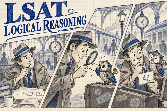 LSAT LOGICAL REASONING — original handwritten comic illustration.