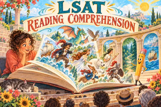 LSAT READING COMPREHENSION — original handwritten comic illustration.