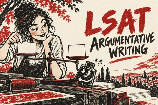 LSAT ARGUMENTATIVE WRITING — original handwritten comic illustration.