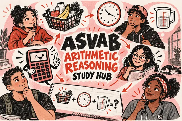 ASVAB ARITHMETIC REASONING STUDY HUB — original handwritten comic illustration.
