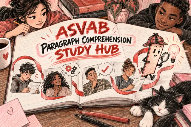 ASVAB PARAGRAPH COMPREHENSION STUDY HUB — original handwritten comic illustration.