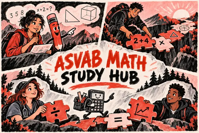 ASVAB MATH STUDY HUB — original handwritten comic illustration.