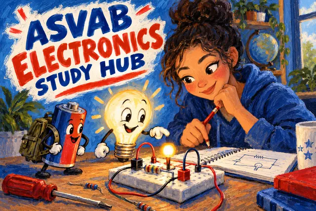 ASVAB ELECTRONICS STUDY HUB — original handwritten comic illustration.
