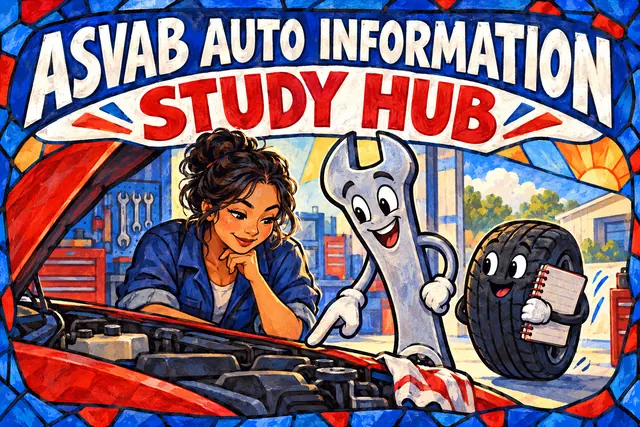 ASVAB AUTO INFORMATION STUDY HUB — original handwritten comic illustration.