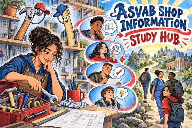 ASVAB SHOP INFORMATION STUDY HUB — original handwritten comic illustration.