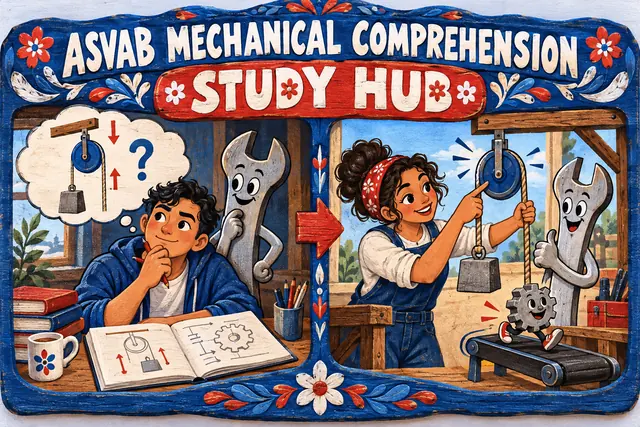 ASVAB MECHANICAL COMPREHENSION STUDY HUB — original handwritten comic illustration.