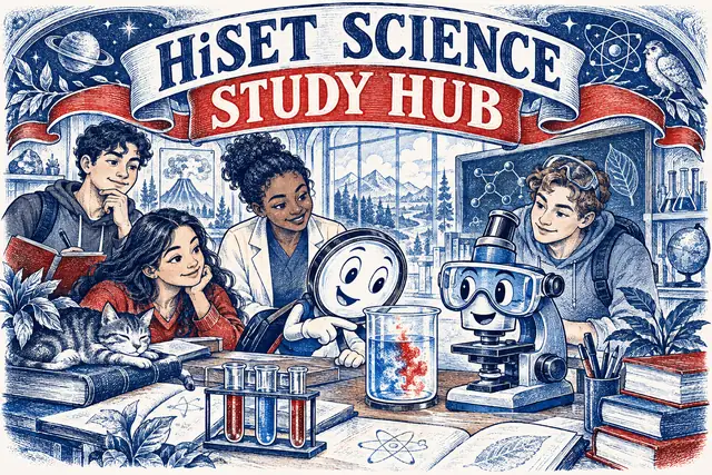 HiSET SCIENCE STUDY HUB — original handwritten comic illustration.