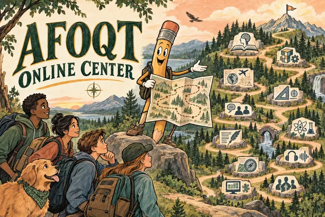 AFOQT ONLINE CENTER — original handwritten comic illustration.