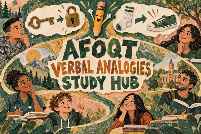 AFOQT VERBAL ANALOGIES STUDY HUB — original handwritten comic illustration.