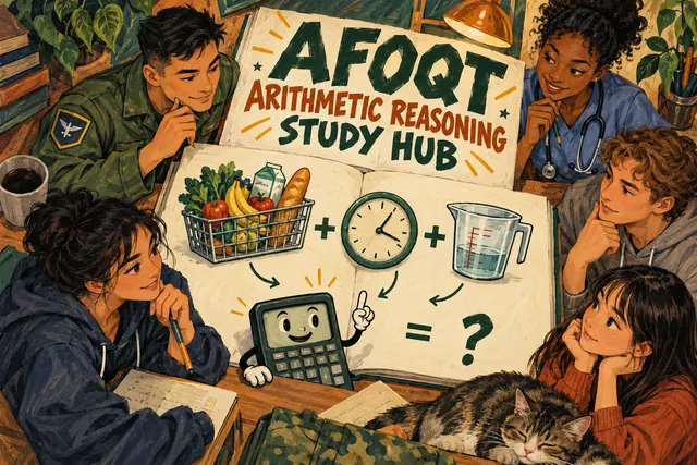 AFOQT ARITHMETIC REASONING STUDY HUB — original handwritten comic illustration.