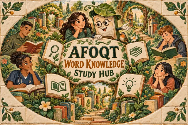 AFOQT WORD KNOWLEDGE STUDY HUB — original handwritten comic illustration.