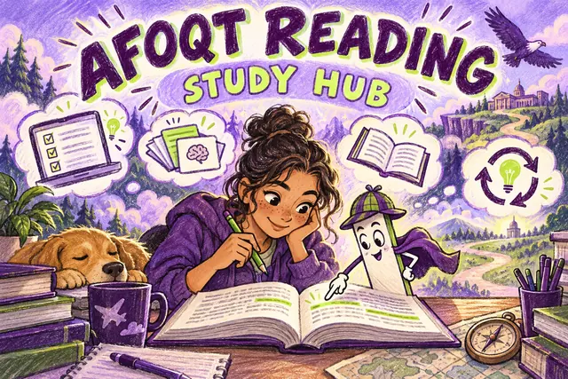 AFOQT READING STUDY HUB — original handwritten comic illustration.