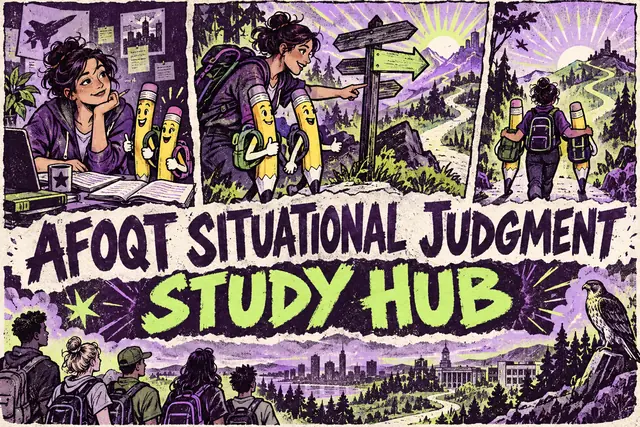 AFOQT SITUATIONAL JUDGMENT STUDY HUB — original handwritten comic illustration.