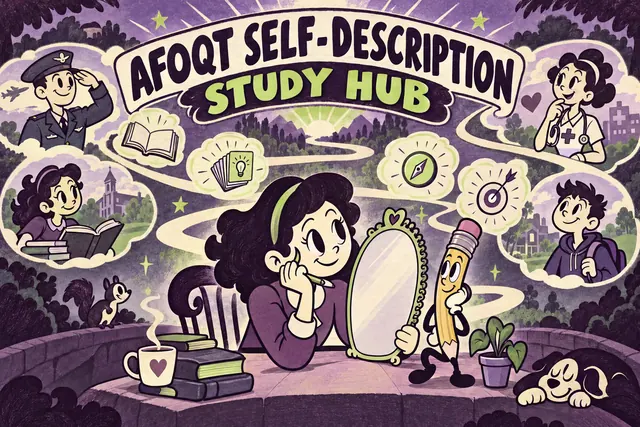AFOQT SELF-DESCRIPTION STUDY HUB — original handwritten comic illustration.