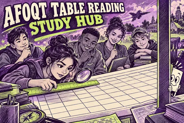 AFOQT TABLE READING STUDY HUB — original handwritten comic illustration.