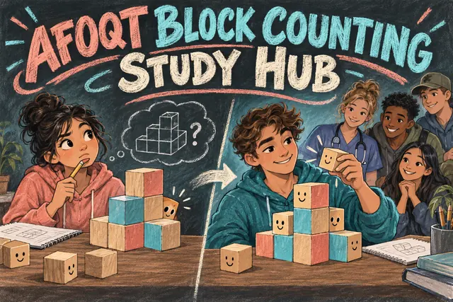 AFOQT BLOCK COUNTING STUDY HUB — original handwritten comic illustration.