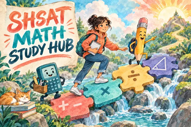 SHSAT MATH STUDY HUB — original handwritten comic illustration.