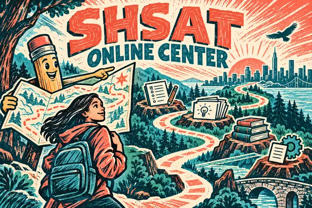 SHSAT ONLINE CENTER — original handwritten comic illustration.