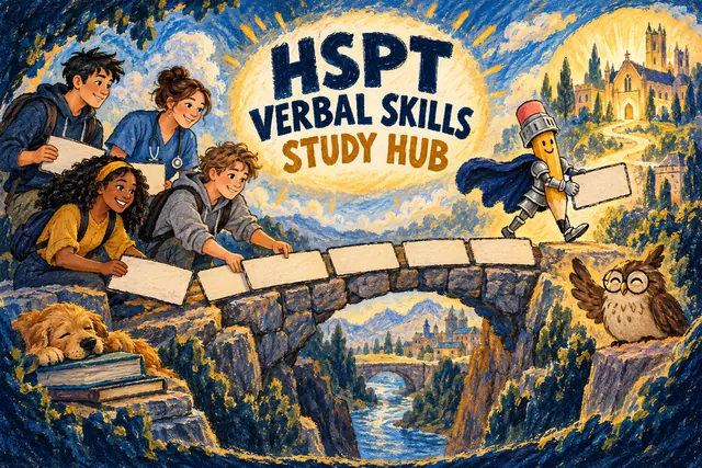 HSPT VERBAL SKILLS STUDY HUB — original handwritten comic illustration.