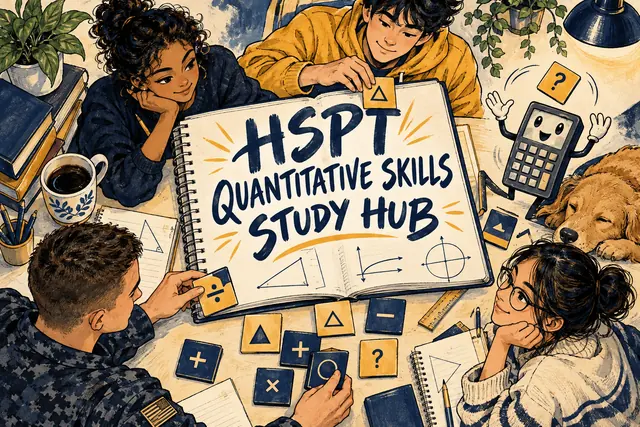 HSPT QUANTITATIVE SKILLS STUDY HUB — original handwritten comic illustration.