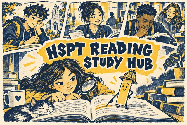 HSPT READING STUDY HUB — original handwritten comic illustration.