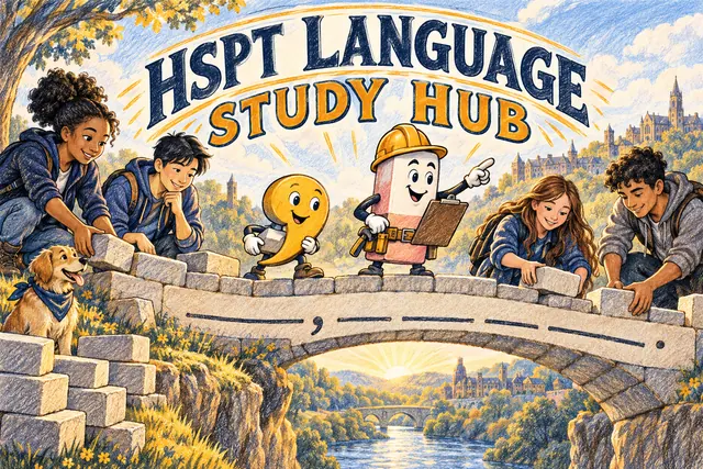 HSPT LANGUAGE STUDY HUB — original handwritten comic illustration.