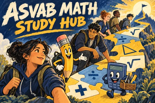 ASVAB MATH STUDY HUB — original handwritten comic illustration.