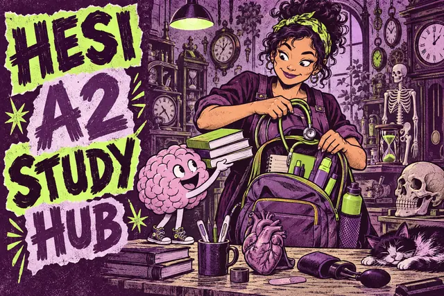 HESI A2 STUDY HUB — original handwritten comic illustration.