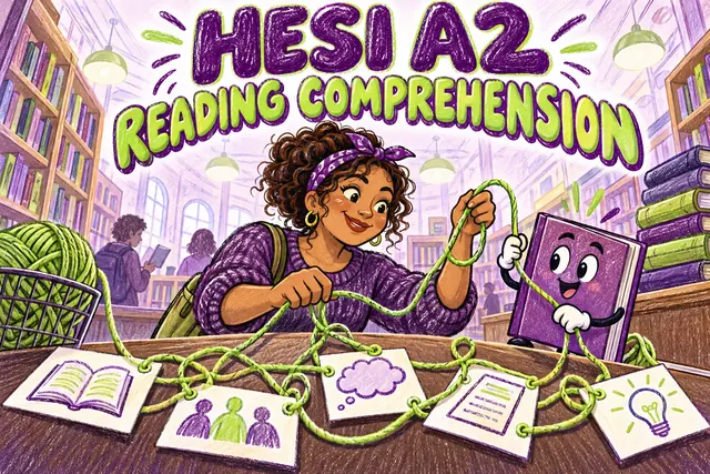 HESI A2 READING COMPREHENSION — original handwritten comic illustration.