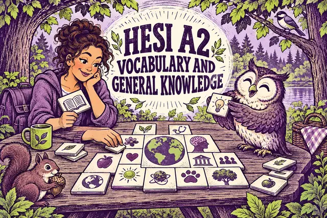 HESI A2 VOCABULARY AND GENERAL KNOWLEDGE — original handwritten comic illustration.