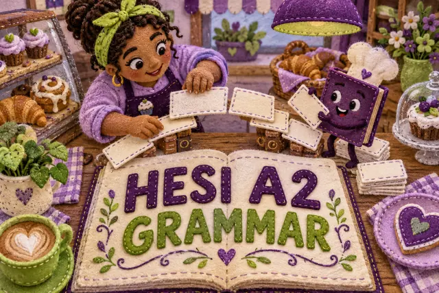 HESI A2 GRAMMAR — original handwritten comic illustration.