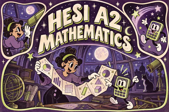 HESI A2 MATHEMATICS — original handwritten comic illustration.