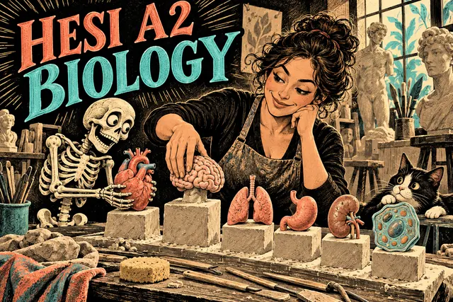 HESI A2 BIOLOGY — original handwritten comic illustration.