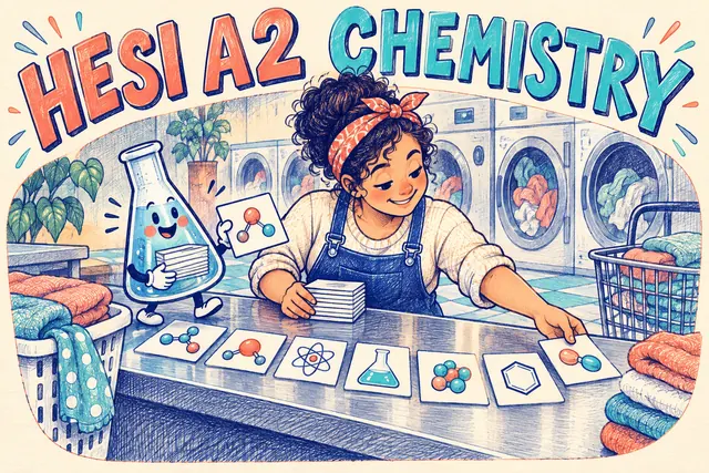 HESI A2 CHEMISTRY — original handwritten comic illustration.