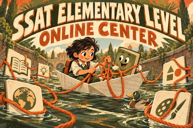 SSAT ELEMENTARY LEVEL ONLINE CENTER — original handwritten comic illustration.