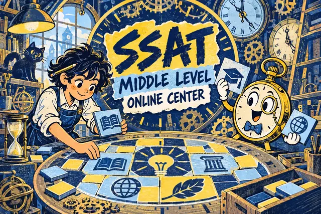 SSAT MIDDLE LEVEL ONLINE CENTER — original handwritten comic illustration.