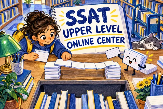 SSAT UPPER LEVEL ONLINE CENTER — original handwritten comic illustration.