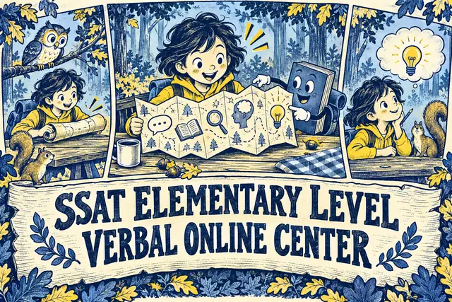 SSAT ELEMENTARY LEVEL VERBAL ONLINE CENTER — original handwritten comic illustration.