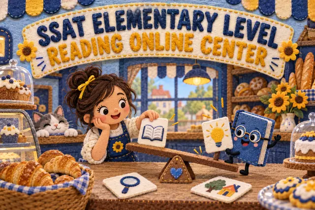SSAT ELEMENTARY LEVEL READING ONLINE CENTER — original handwritten comic illustration.