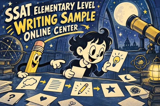 SSAT ELEMENTARY LEVEL WRITING SAMPLE ONLINE CENTER — original handwritten comic illustration.