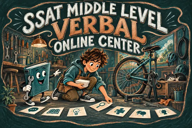 SSAT MIDDLE LEVEL VERBAL ONLINE CENTER — original handwritten comic illustration.