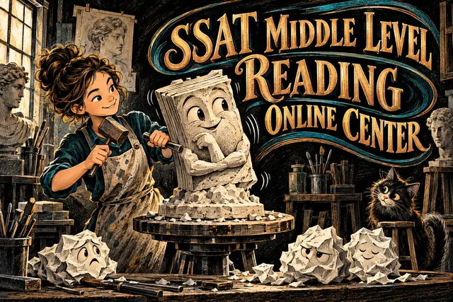 SSAT MIDDLE LEVEL READING ONLINE CENTER — original handwritten comic illustration.