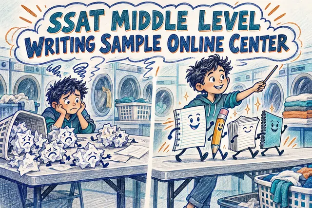SSAT MIDDLE LEVEL WRITING SAMPLE ONLINE CENTER — original handwritten comic illustration.