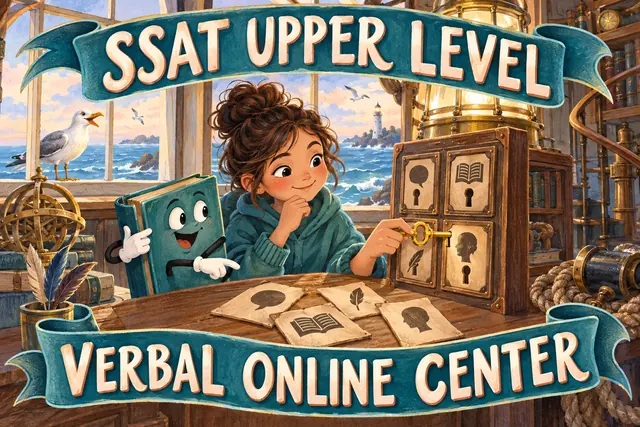 SSAT UPPER LEVEL VERBAL ONLINE CENTER — original handwritten comic illustration.