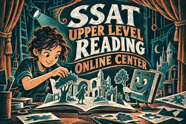 SSAT UPPER LEVEL READING ONLINE CENTER — original handwritten comic illustration.